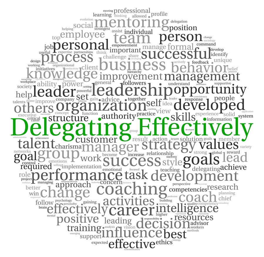 Delegating effectively concept in word tag cloud on white background