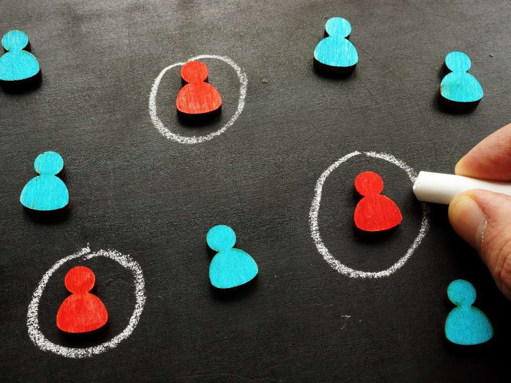 a chalkboard with red and blue figures with a piece of chalk circling the red figures to signify honing your niche